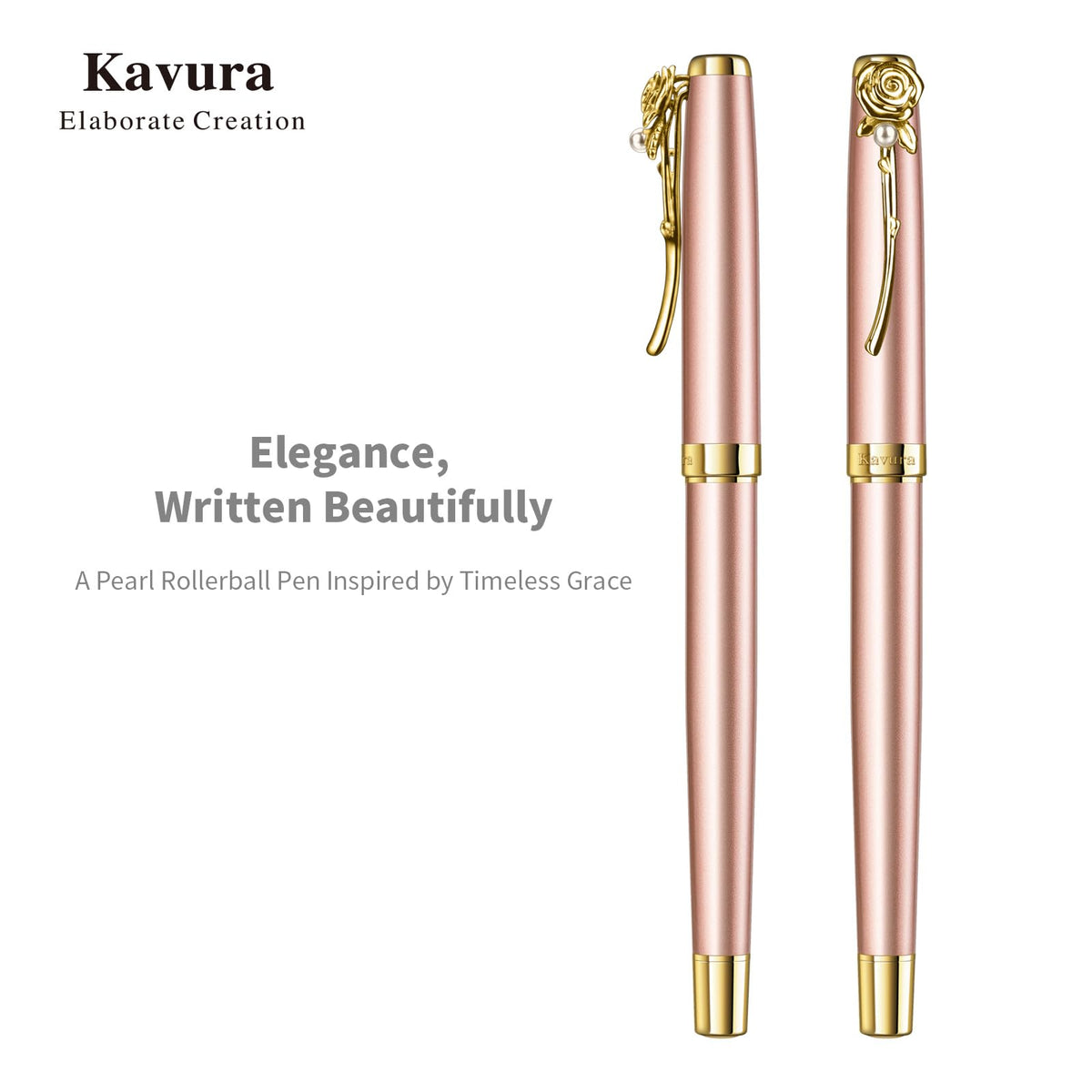 Kavura Rose & Pearl Rollerball Pen – Luxury Brass Pen Gift Set for Women, Jewelry-Inspired Design, Glossy Finish, with German Refill, Romantic Gift for Her, Anniversary & Valentine’s Day (Rose Gold)