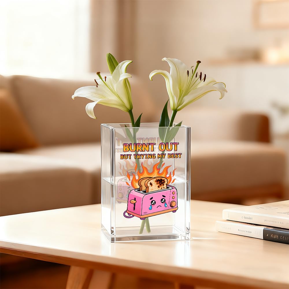 Gkodw Burnt Out But Trying My Best Acrylic Pen Holder Cosmetic Organizer, Funny Dumpster Fire Pen Pencil Holders for Desk, Desk Accessories Office Gifts for Coworker Social Worker Teacher Therapist