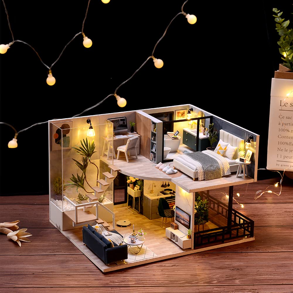 Lannso DIY Dollhouse Miniature Wooden Furniture Kit, Doll House Kit with Dust Proof Cover Music Box, Mini Handmade Wooden Dollhouse Toys for Adult Gift(L32)