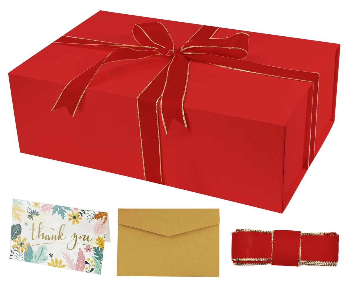 YINUOYOUJIA Large Gift Box14x9x4.5 Inch,Christmas Red Gift Boxes with Magnetic Closure Lid,Ribbon and Card,Present Box for Birthady Valentine's Day Mother's Day Anniversary