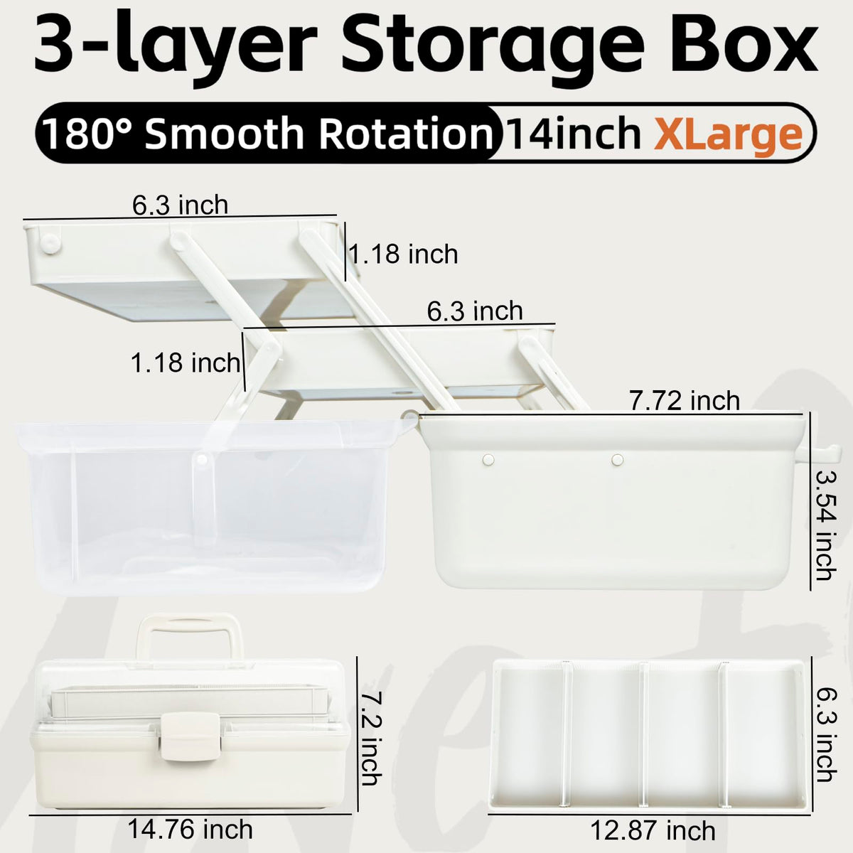 TERGOO 14in 3-Layer Multipurpose Craft Organizers and Storage with Adjustable Dividers, Portable Tackle Box, Folding Art & Craft Case for Medicine, Tool, Sewing Organizer (White, X-Large)