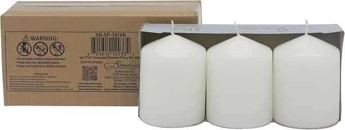 Stonebriar 3 Pack Tall 3 x 4 Inch 35 Hour Long Burning Unscented White Wax Pillar Candles