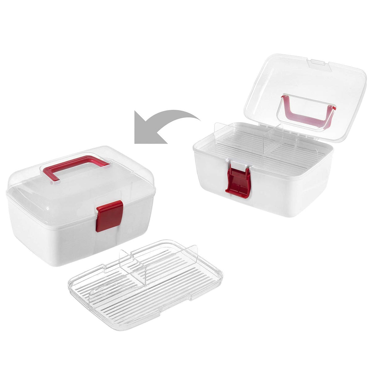 MyGift 10 Inch Multipurpose Portable White Plastic Storage Box with Removable Tray, Clear Lid and and Red Handle and Latch Lock, Home First Aid Storage Tool Box Sewing Kit Organizer Carrying Case