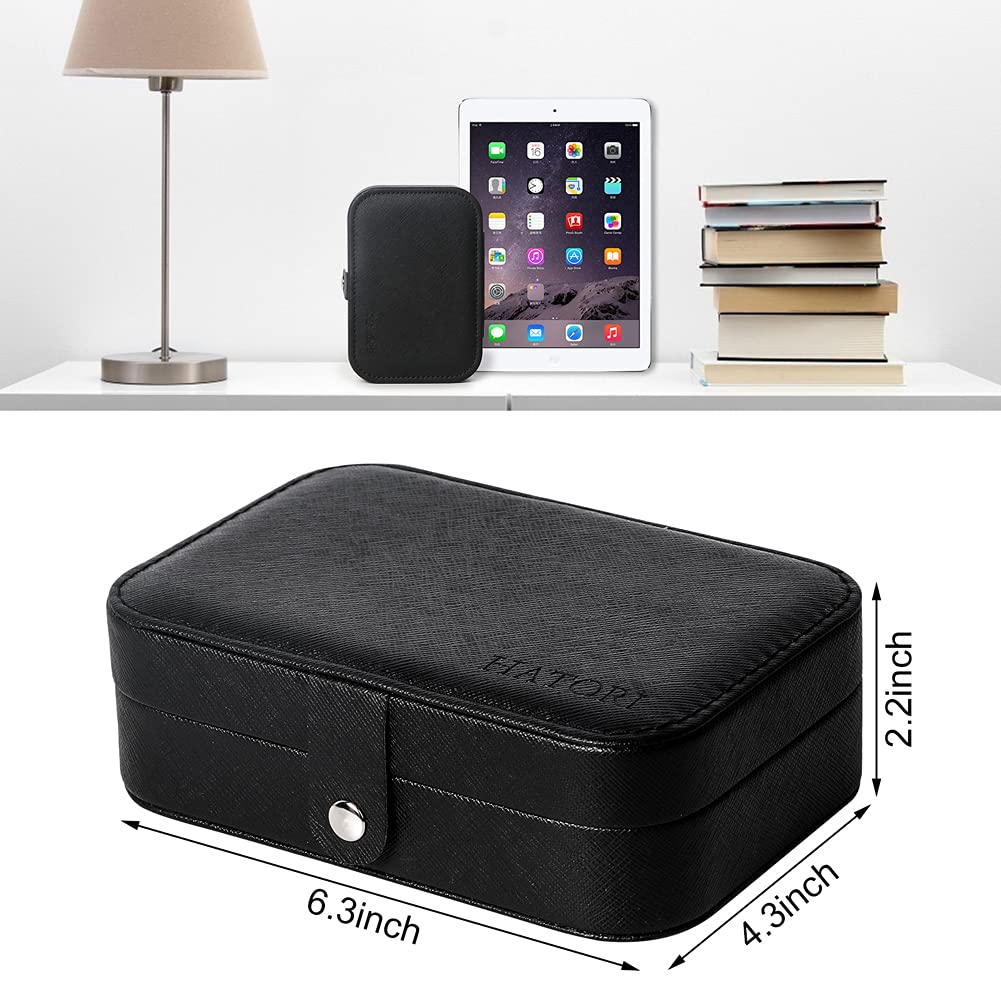 Hatori Travel Jewelry Box, PU Leather Small Jewelry Organizer for Women Girls, Portable Mini Travel Case Display Storage Holder Boxes for Stud Earrings, Rings, Necklaces, Bracelets (Black Beige)