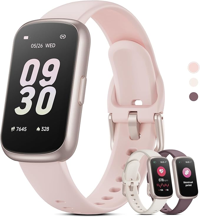 Health Fitness Tracker Smart Watch with 24/7 Heart Rate, Blood Oxygen, Sleep Tracker, Pedometer, 3 Colorful Bands & 3ATM Waterproof Activity Tracker with Step Calorie Counter, Bubble Pink