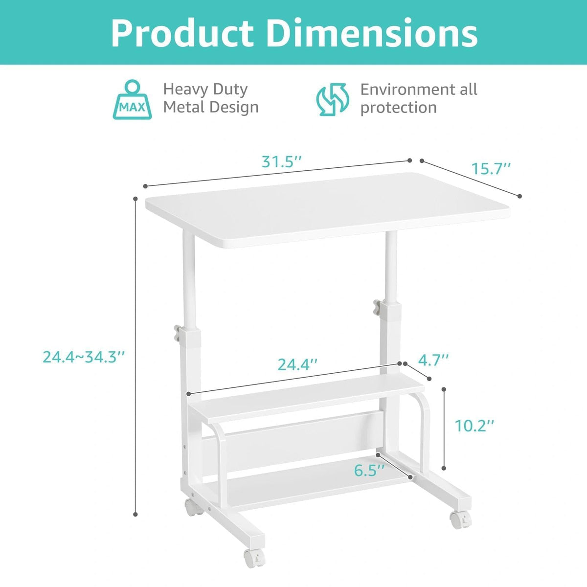 WINAZ Small Portable Laptop Rolling Desk - 32" White Mobile Kids Desk with Wheels for Small Spaces, Height Adjustable C Shaped Side Table with 2-Tier Storage Shelves for Bedroom