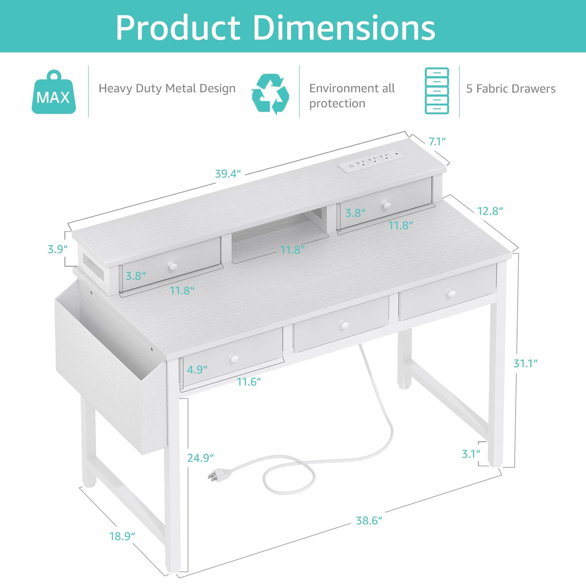 Lufeiya White Computer Desk with Fabric Drawers for Home Office, 40 inch Vanity Makeup Desk with Drawers Storage for Bedroom, Writing Study Table with Power Outlet & Monitor Stand, White