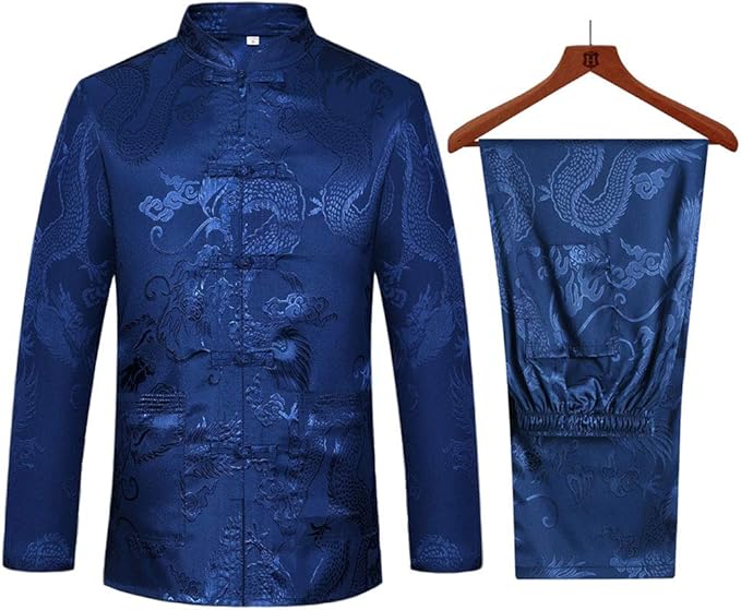 wecotton Tang Suit Men Hanfu Chinese Traditional Clothes Kung Fu Shirt Uniform Long Sleeved Coat Tops and Pants