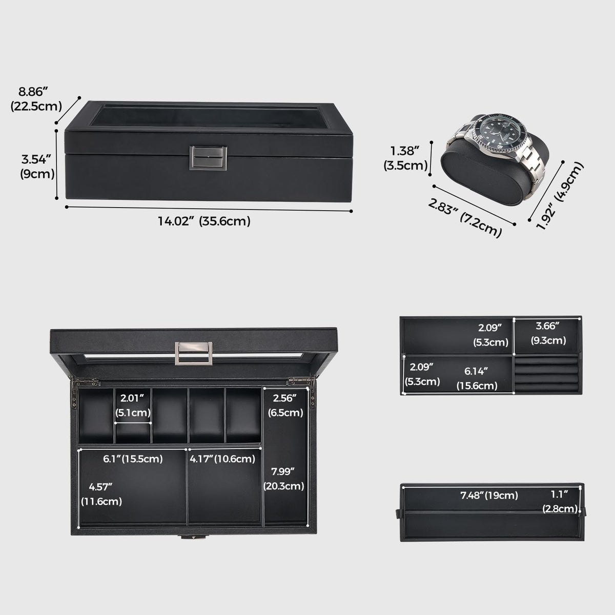 ProCase Men's Jewelry Box, 5-Slot Wood Watch Display Case Jewellry Storage Organizer for Sunglasses Rings Accessories with Hidden Compartment, Watch Holder with Glass Lid, Gift for Men -Black
