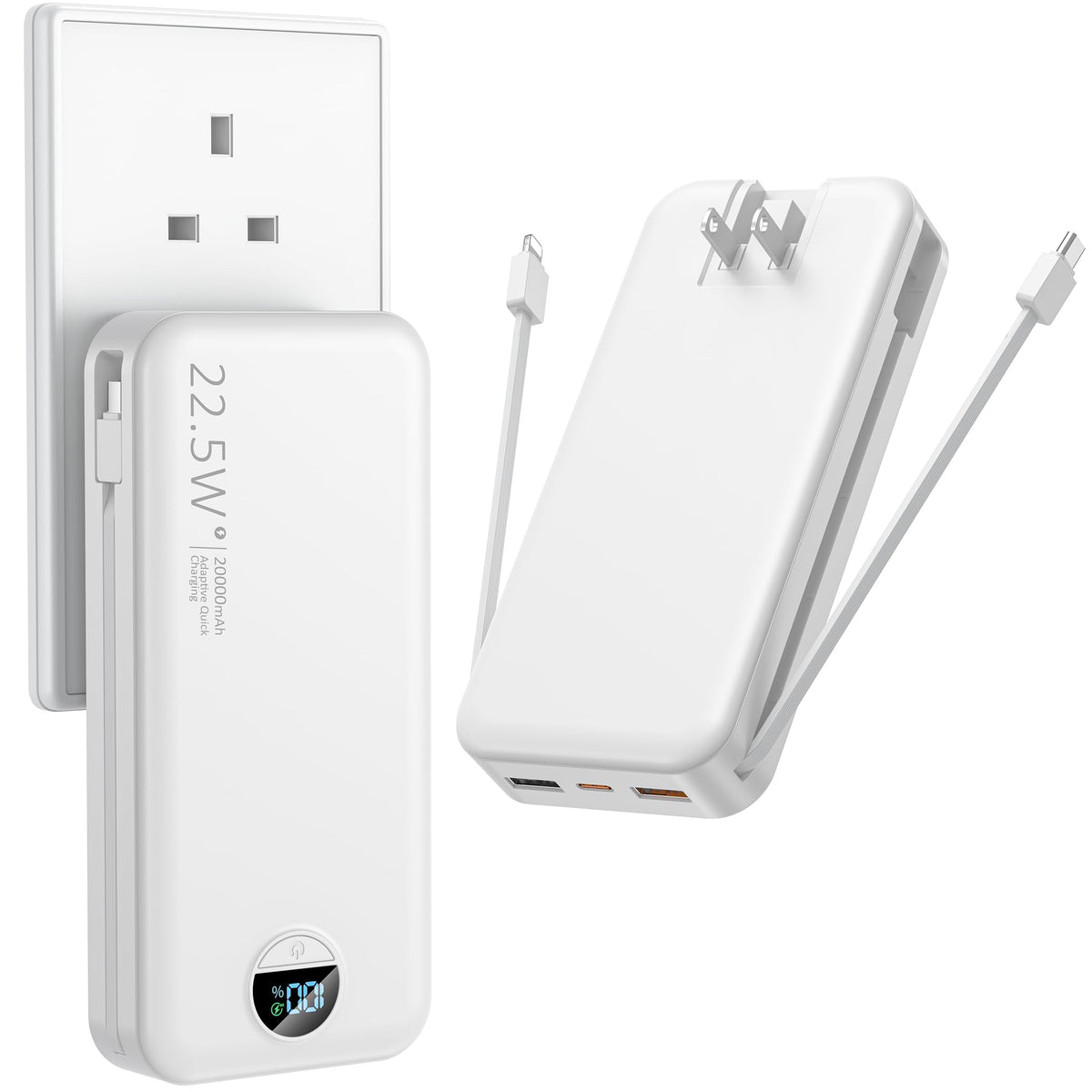 Ffnpua Portable Charger with Wall Plug, 20000mAh USB C Power Bank Fast Charging, External Battery Pack with Built in Cables, Digital Display, 5 Output 2 Input for iPhone Android Cell Phone Tablet