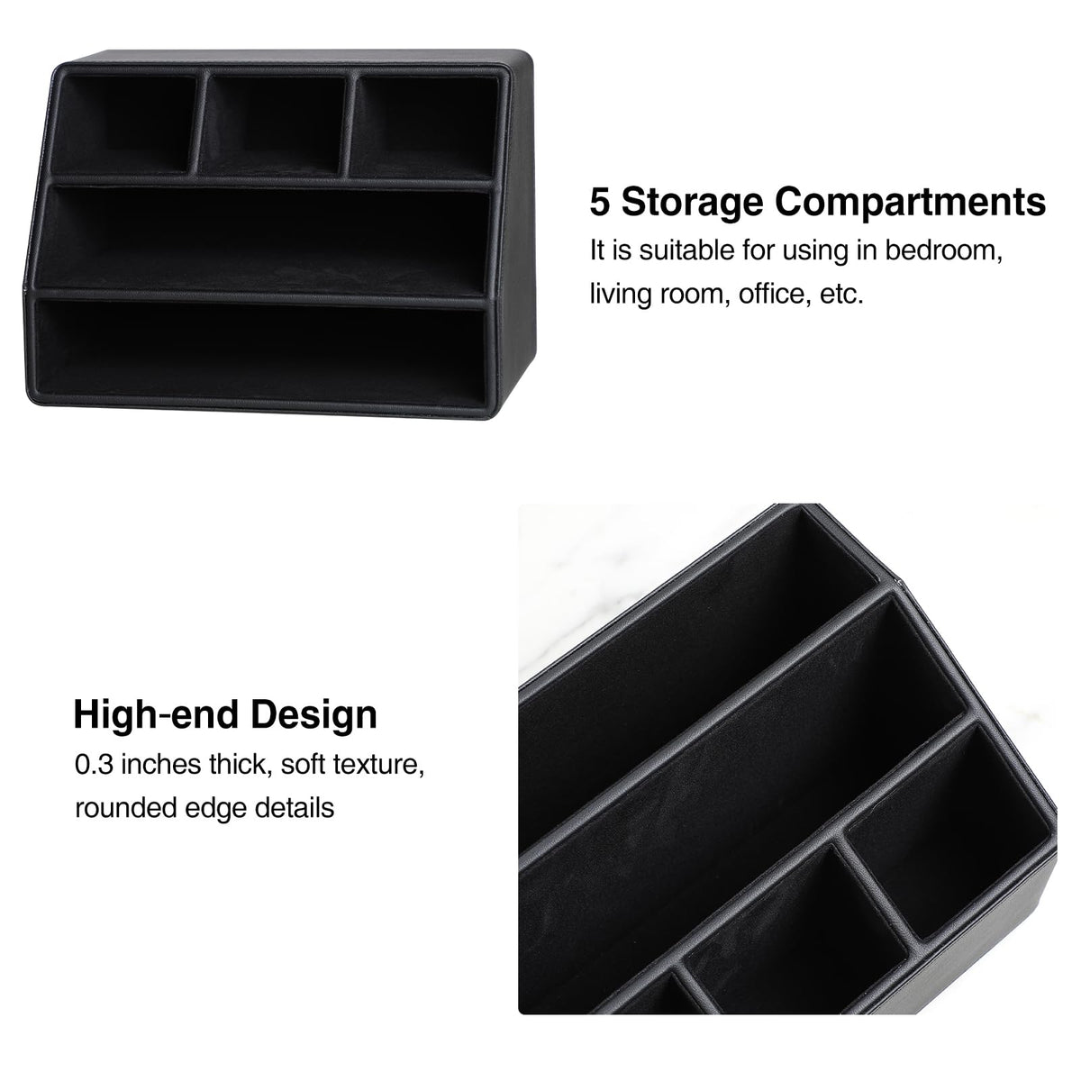 MEIBOOCH PU Leather Desk Organizer, Luxury Remote Control Holder for Home, Office Desk Accessories Table Caddy Bedside Nightstand Organizer (Black)