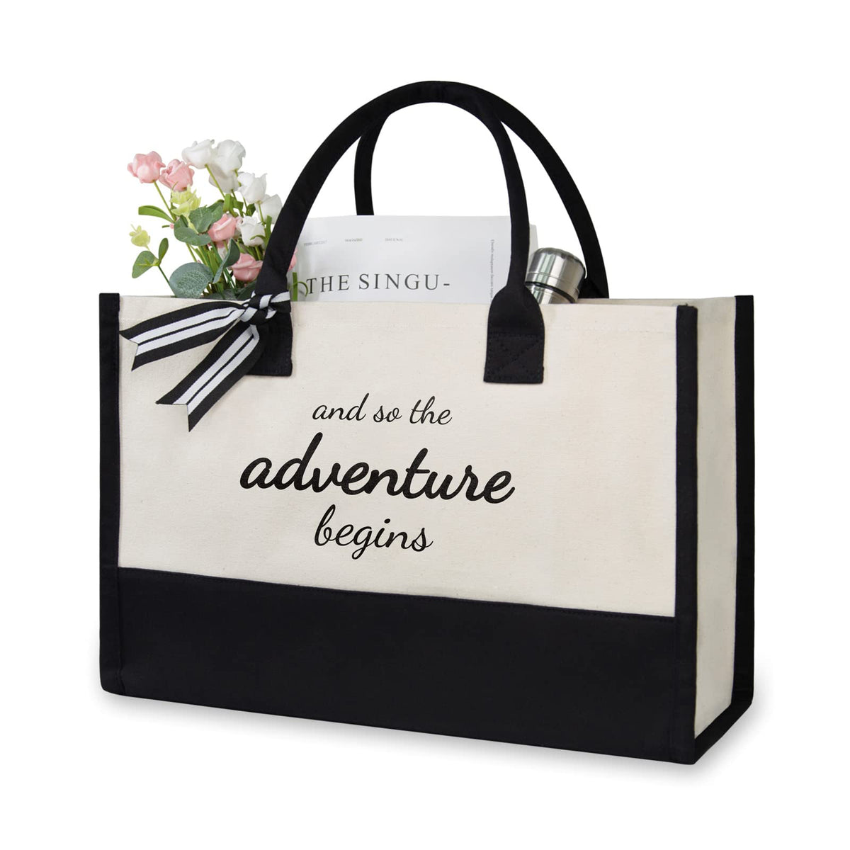 TOPDesign Canvas Tote Bride Bag, Inspirational Bridal Shower, Bachelorette Party, Engagement Wedding Gifts, Congratulation Present for New Chapter, And So the Adventure Begins