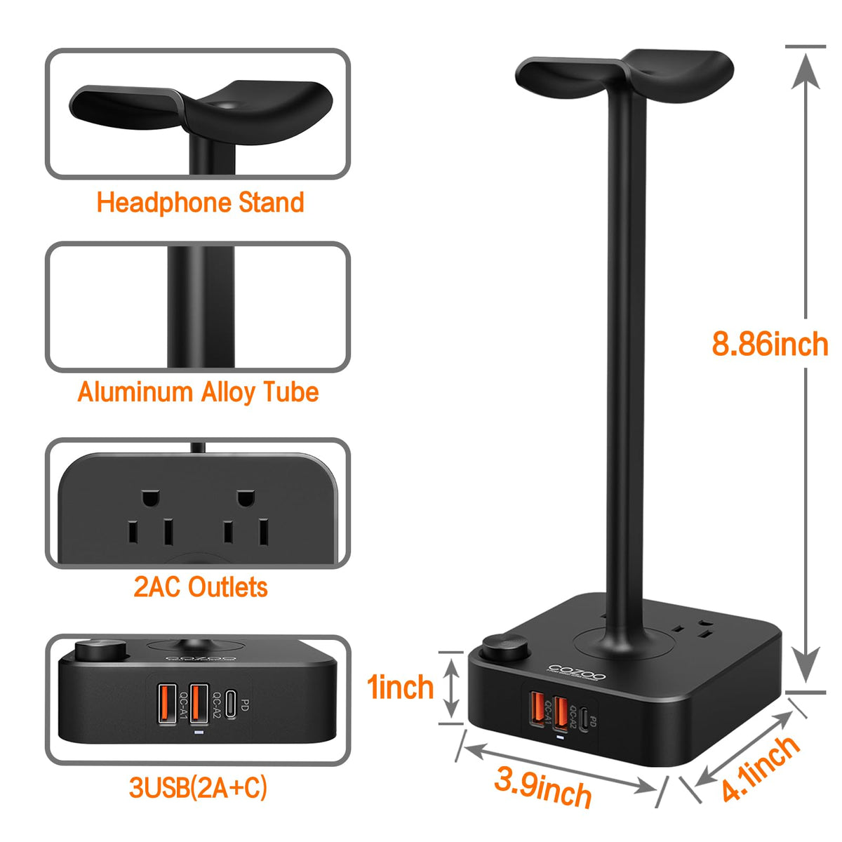 COZOO Headphone Stand with USB Charger Desktop Gaming Headset Holder Hanger with 3 USB Charging Station and 2 Outlets Power Strip,Suitable for Gaming, DJ,Wireless Earphone Display, Gamer Gifts for Men