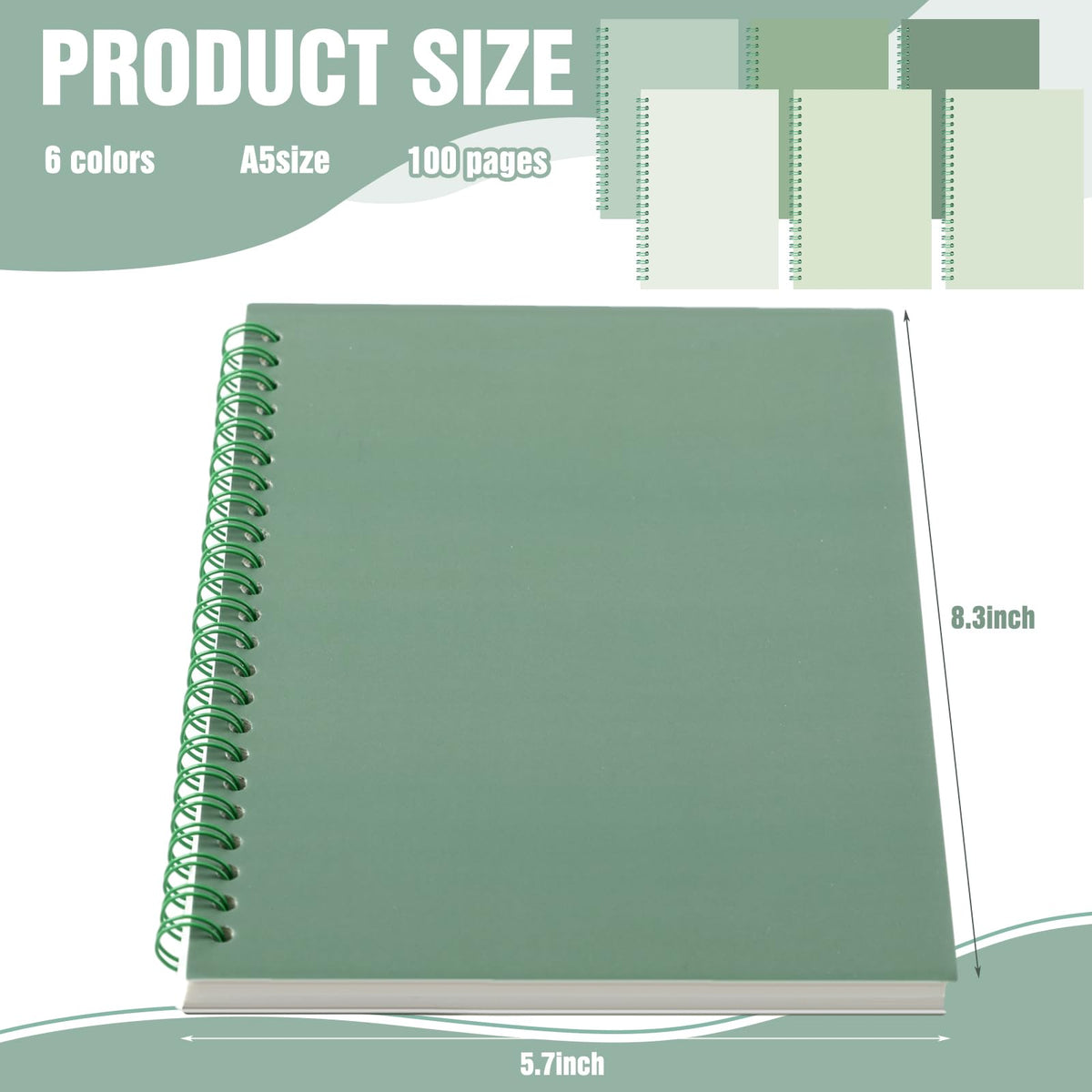 MotiMind 6 Pcs Sage Green School Supplies Aesthetic Spiral Notebook for Work A5 College Ruled Spiral Journal Notebook Christmas Office Stationery Kit for Work Note-taking Women Men Writing, 100 Sheets