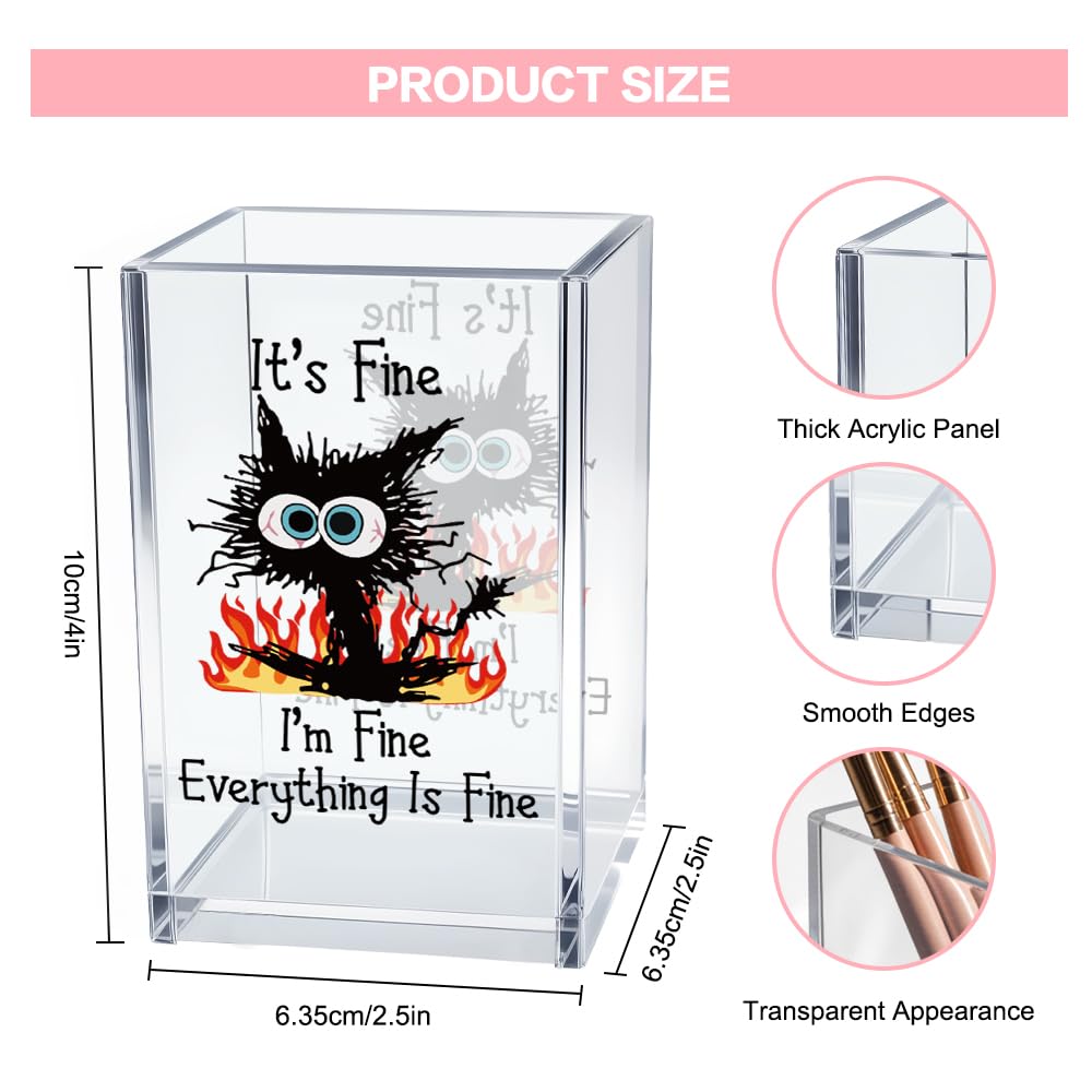 Vgrti It's Fine I'm Fine Acrylic Cosmetic Pencil Pen Holder Cup, Funny Black Cat Pen Holder Cup, Cat Lover Gift for Women Men, Office Sarcastic Gifts for Women Men Colleague Boss