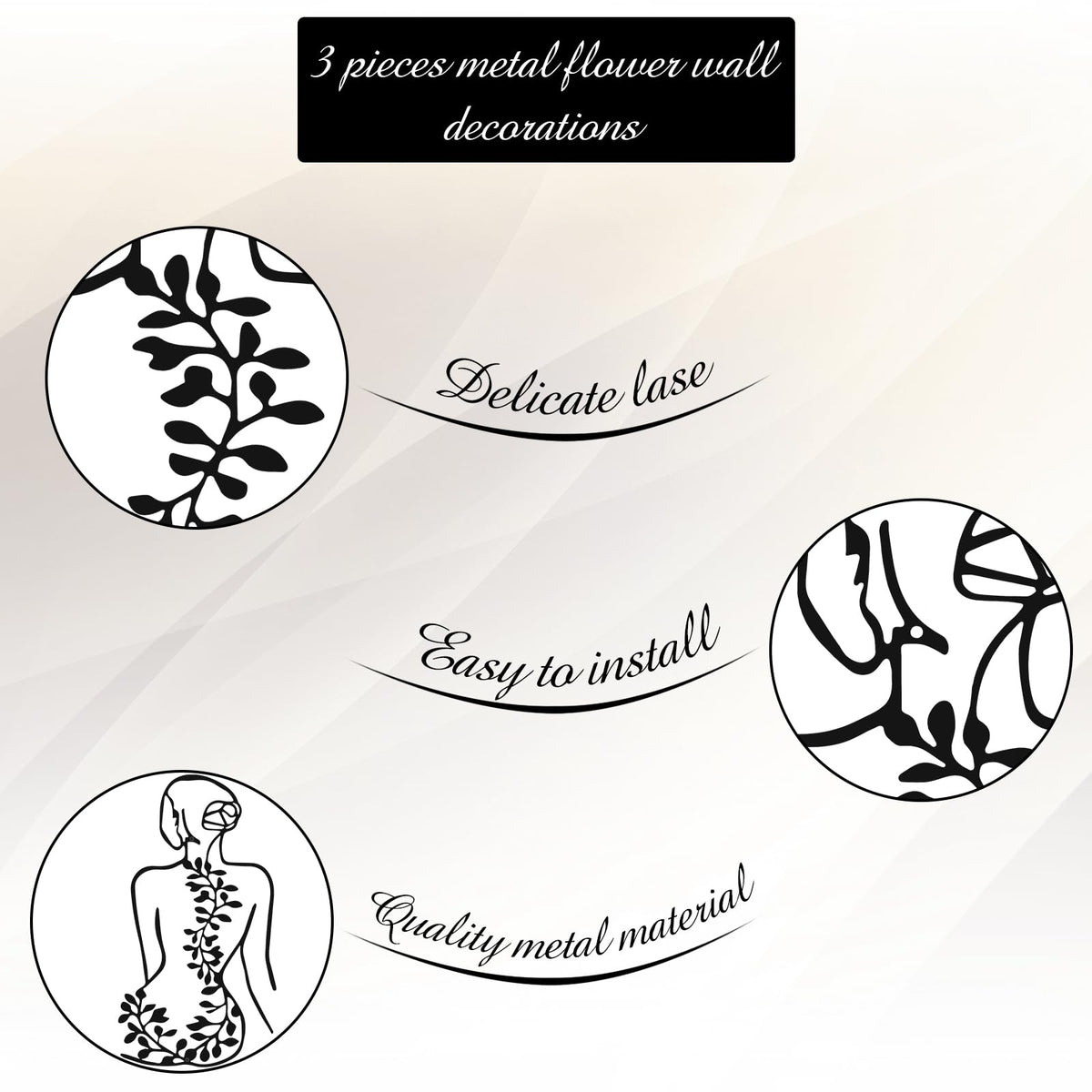 Photect 3 Pcs Metal Wall Art Decor Minimalist Abstract Woman Wall Art Metal Modern Line Drawing Decor Female Single Line Home Hanging for Bedroom Bathroom Living Room Housewarming(Plant,Black)