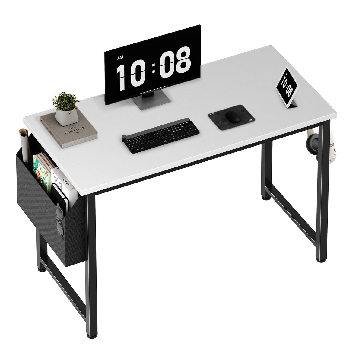 Lufeiya Computer Desk White Writing Table for Small Spaces Home Office 39 Inch Modern Study PC Desk with Storage Bag Hook, White Black