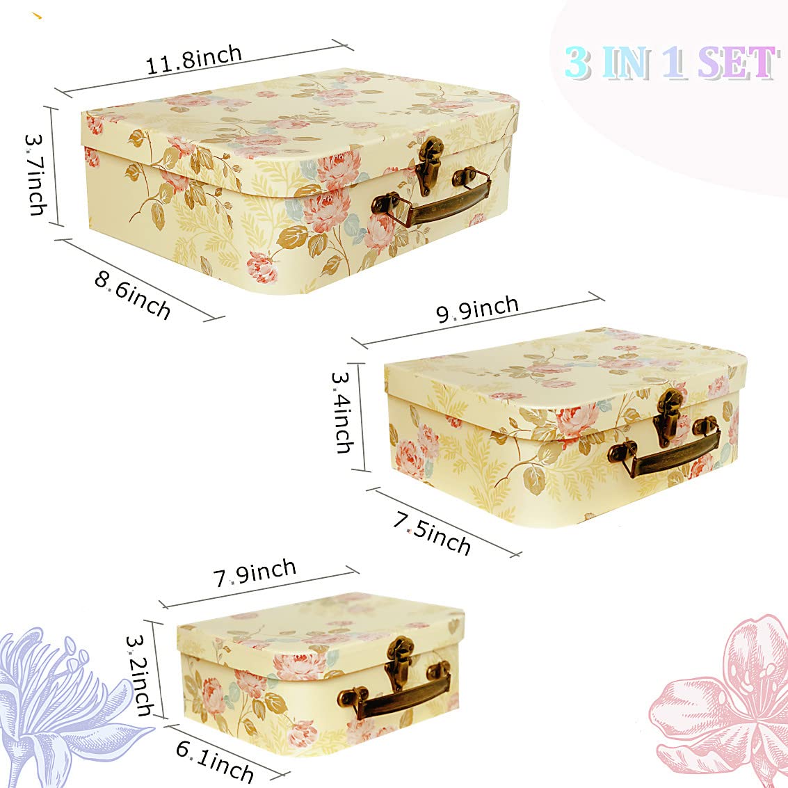 Amedoo Paperboard Suitcases(Set of 3), Gift Boxes With Lids For Presents, Photo Storage, Dolls, Perfect for Home Decoration, Baby Shower Wedding, Birthday, Christmas and New Year Decor(Yellow Flowers)