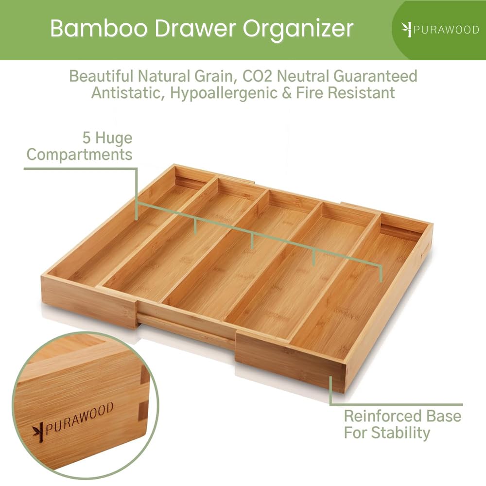 Purawood Kitchen Drawer Organizer - Expandable Utensil Drawer Organizer for Kitchen, Cutlery Tray & Silverware Organizer, 3-5 Slots - Bamboo Organizer for Utensils & Flatware (Natural)