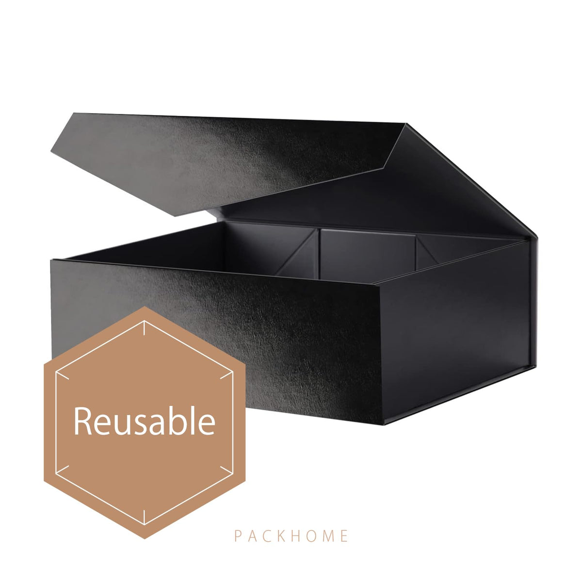 PACKHOME 6 Large Gift Boxes with Lids 13.5x9x4.1 Inches, Sturdy Collapsible Gift Boxes with Magnetic Closure (Glossy Black, Grass Texture)