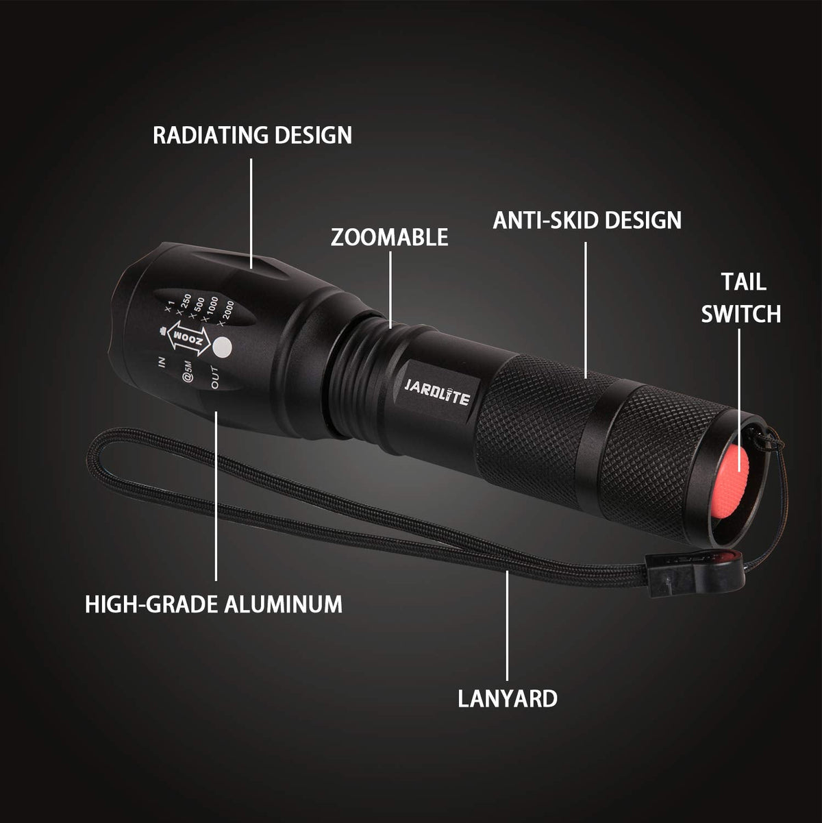 JARDLITE LED Emergency Handheld Flashlight, 4 Pack, Adjustable Focus, Water Resistant with 5 Modes, Best Tactical Torch for Hurricane, Camping, Dog Walking