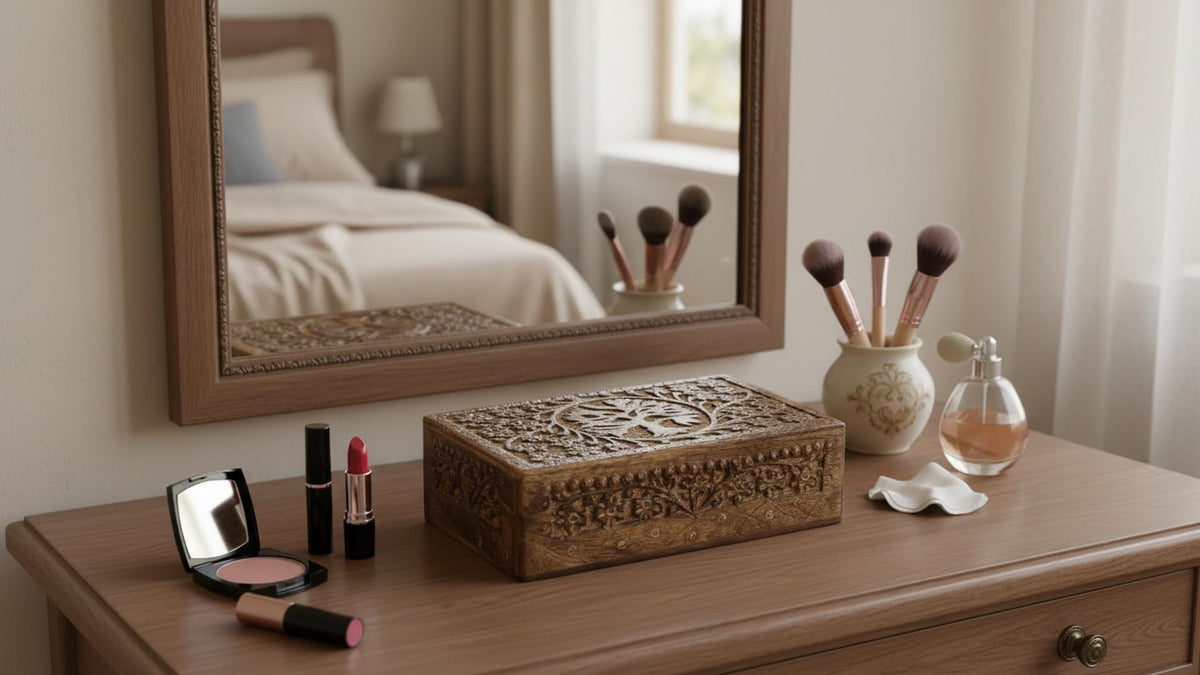 Great Birthday Gift Handmade Decorative Wooden Jewelry Box With Tree Of Life Carving Jewelry Organizer Keepsake Box Treasure Chest Trinket Holder Watch Box Storage Box Housewarming Gifts (Natural)