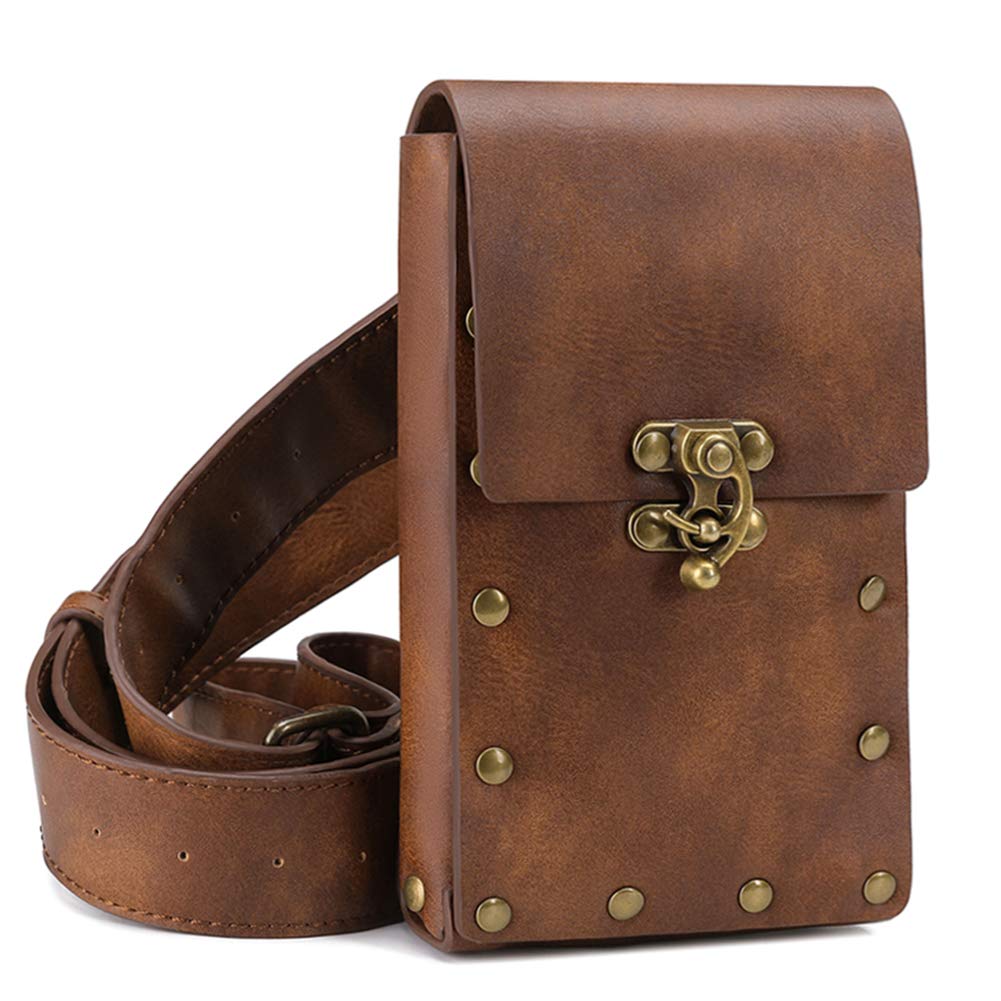 Belt Pouch Waist Bag Fanny Pack Medieval Vintage Leather Pouch Cellphone Holder Holster Carry Belt Purse Pocket Casual Hiking Festival Renaissance Faire Costume Props Travel Wallet (Brown)