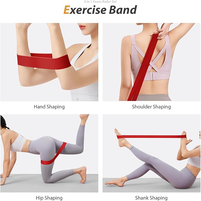 5 in1 Foam Roller Set, Trigger Point Foam Roller, Massage Roller Stick, Massage Ball, Resistance Band for Deep Muscle Massage Pilates Yoga,Fitness Exercise for Whole Body (Black-Red)