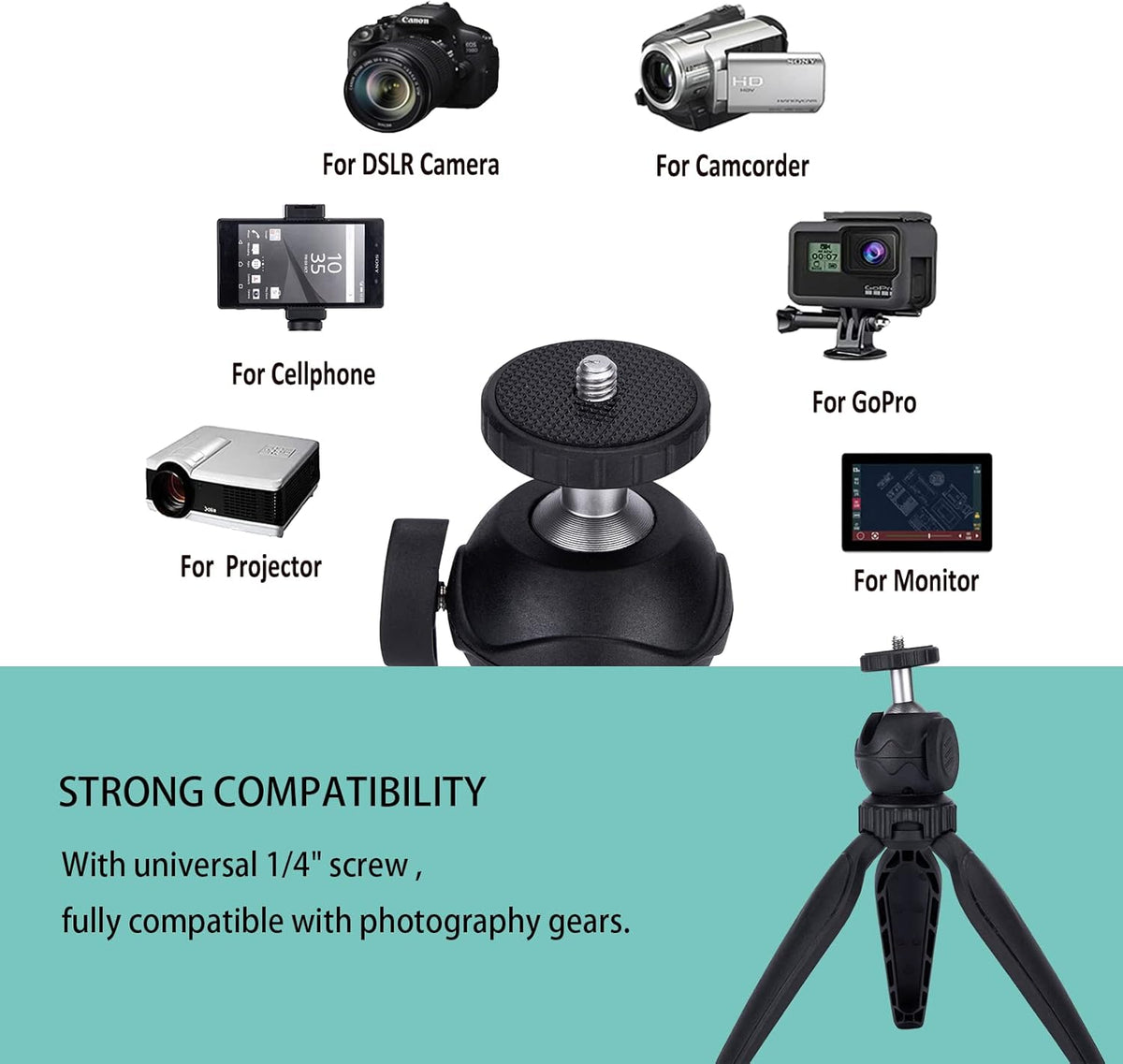 Ytvariw 360 Mini Camera Tripod with Phone Holder & GoPro Mount, Ball Head, Black, Compatible with DSLR, GoPro