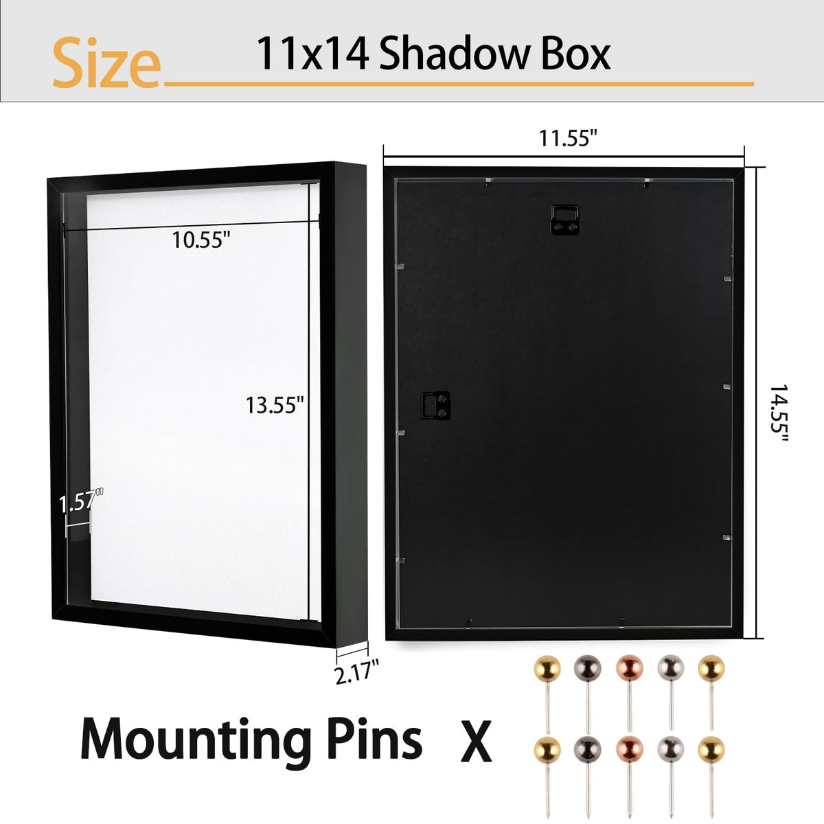 11x14 Shadow Box Frame | Soft Linen Back & Push Pins Included, Polystyrene Glass Memory Display Case for Flowers, Tickets & Cherished 3D Items, Black