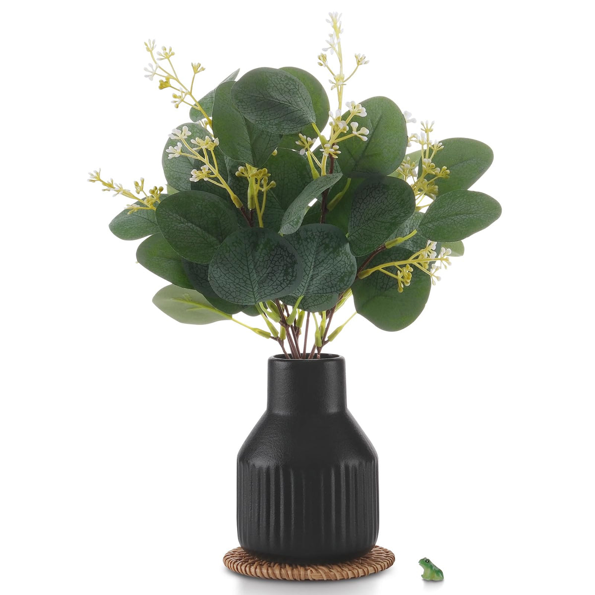 Artificial Eucalyptus Greenery Stems in Ceramic Vase,10Pcs Fake Plants Eucalyptus Leaves faux Plants for Centerpiece Table Decorations Home Room Decor office desk decor Greenery Decor indoor (Black)