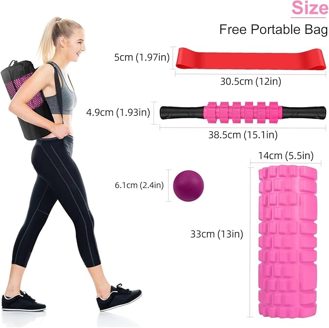 5 in 1 Foam Roller Set Includes Hollow Core Massage Roller, Yoga Stick, Massage Ball, Fitness Stretching Strap, Carrying Bag, Towel, Massage Roller (Pink)
