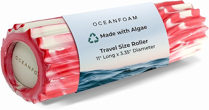 Oceanfoam Ripple Travel Foam Roller (11" x 3.35") Firm Mini Foam Roller for Physical Therapy, Deep Tissue Massage, Back Pain - High Density, Ergonomic Wave Textured - Yoga, Exercise (Red Marbled)