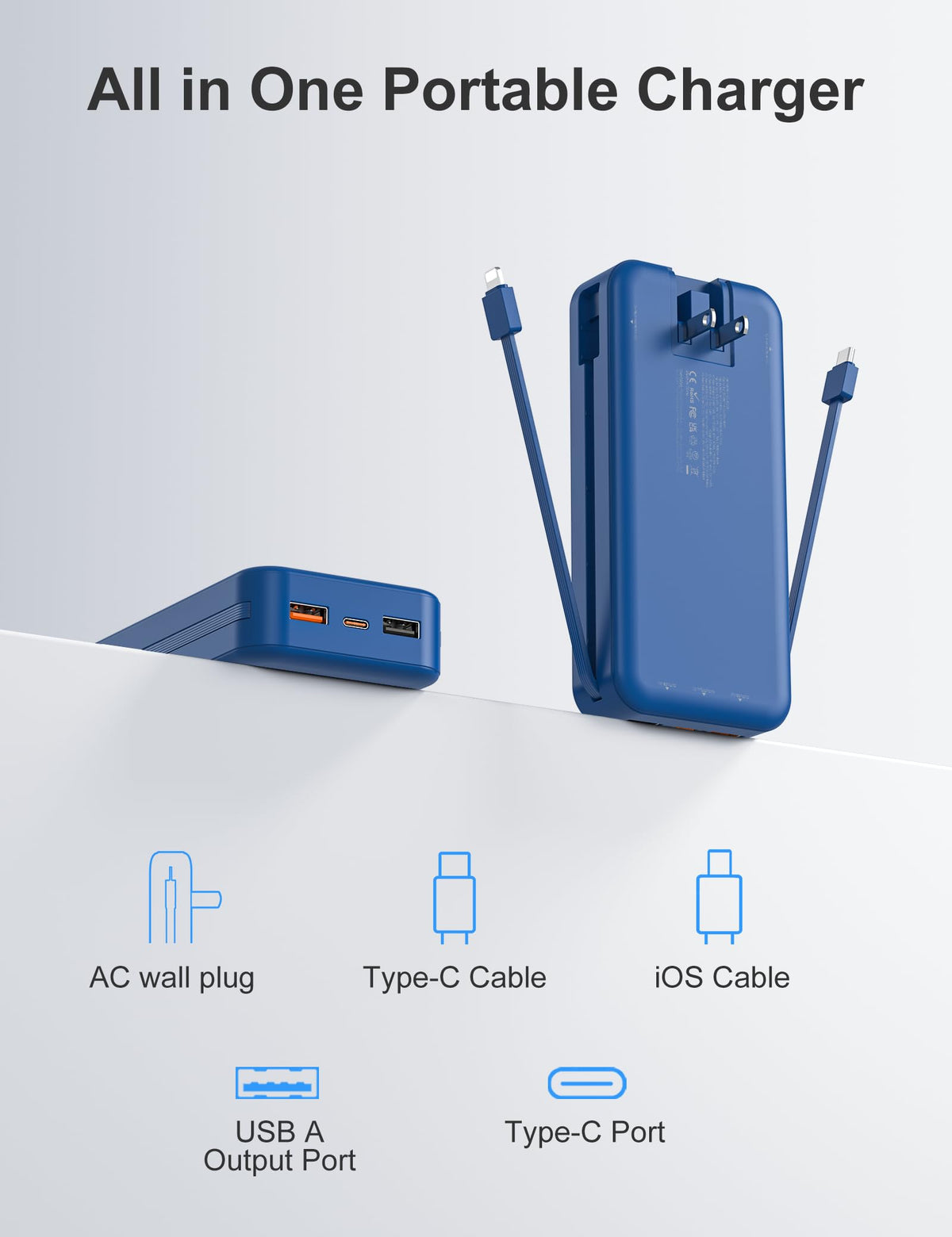 20000mAh Ultra-Portable-Charger-Power-Bank with Built in Cables&AC Wall Plug,PD20W USB-C Fast Charging Cell Phone Charger Battery Pack,LED Display Travel Battery Bank for All iPhone,Samsung,Android