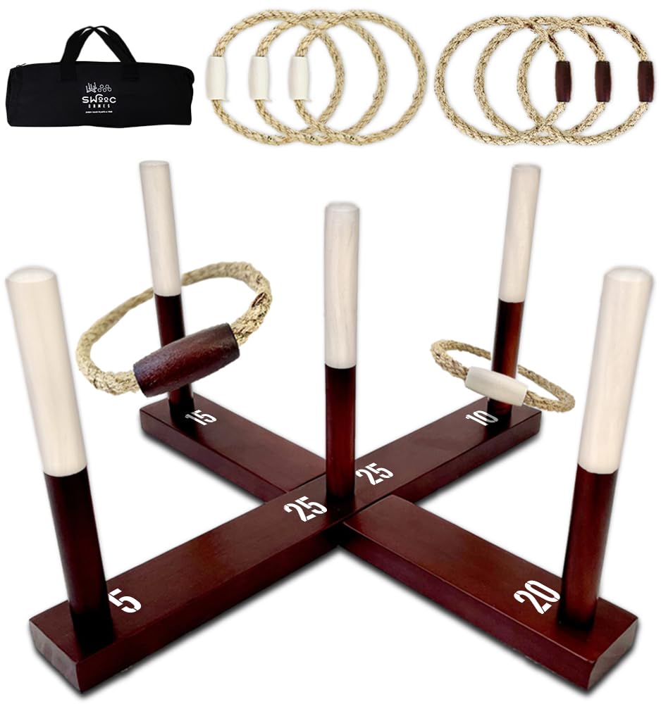 Swooc Games - Premium Rustic Ring Toss Game (All Weather) - Easy Setup & Extra Games Included - Outdoor Ring Toss Game for Adults and Kids - Yard Activity For Adults - Oversized Lawn Activity Rope Set