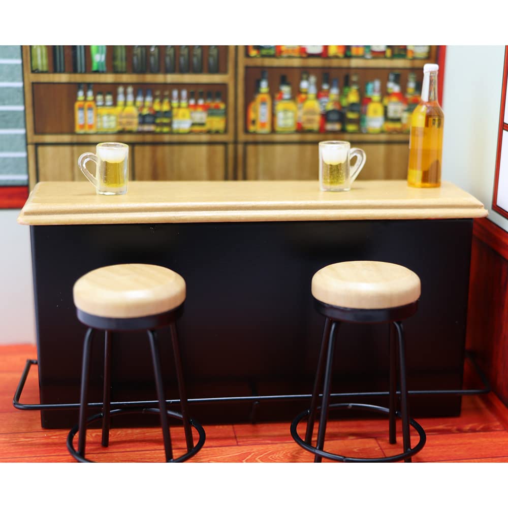 Dollhouse Furniture Metal Bar Table & Chair with Wood Top Pub Set 1:12 Scale Miniature Accessories Bar Counter Stool Mini Dining Coffee Table Model Layout Props Desktop Decor