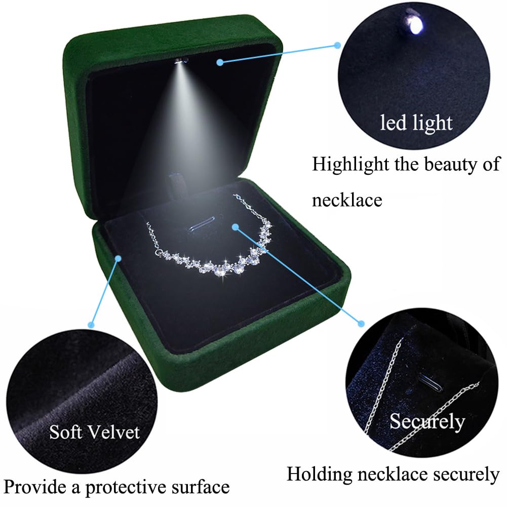 GBYAN Pendant Necklace Box with LED Light, Necklace Gift Box Velvet Jewelry Display Case for Proposal Engagement Wedding and Birthday,Emerald Green