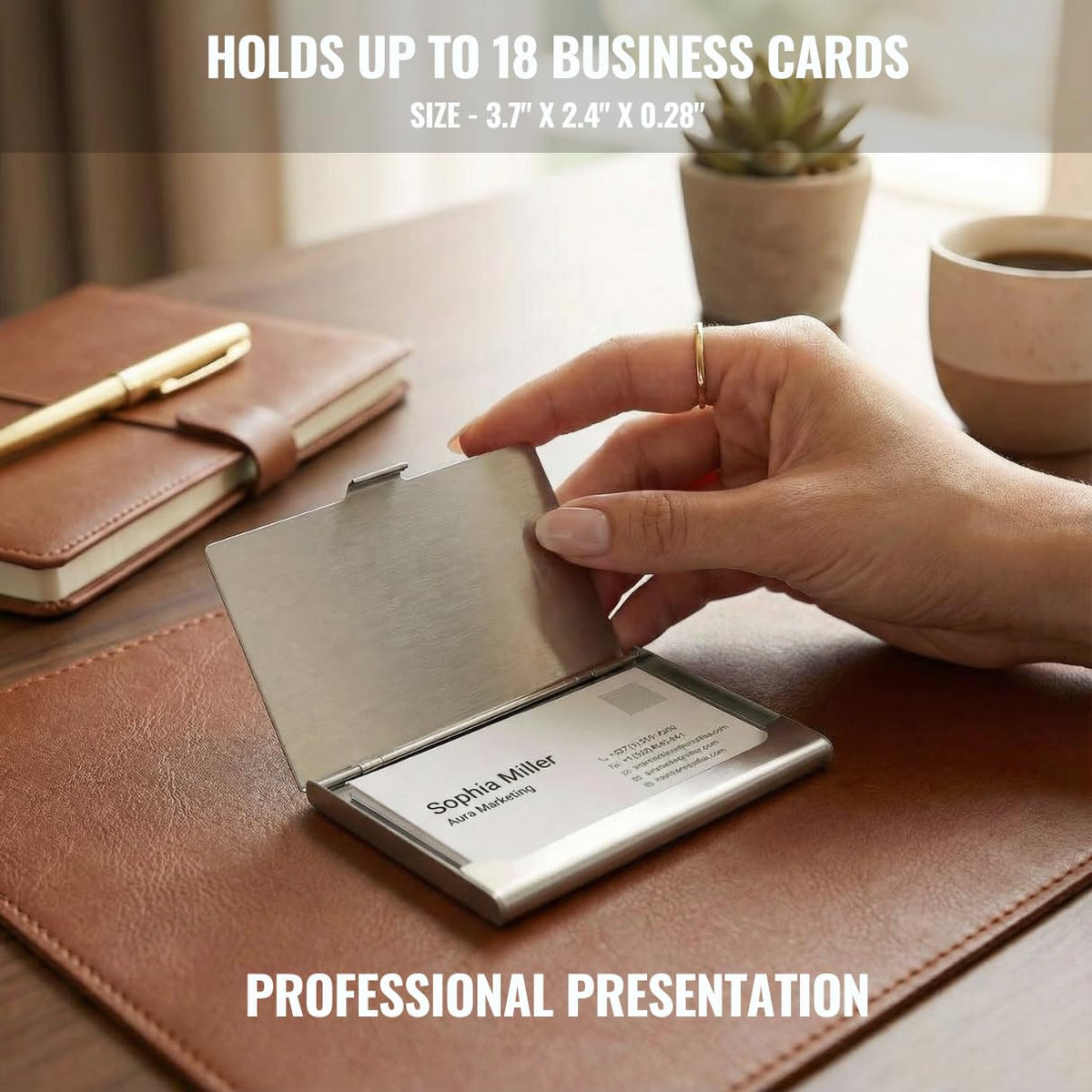 Business Card Holder, for Men and Women, Slim Minimalist Design Case, Stainless Steel Metal, Fits 18 Business Cards in Pocket