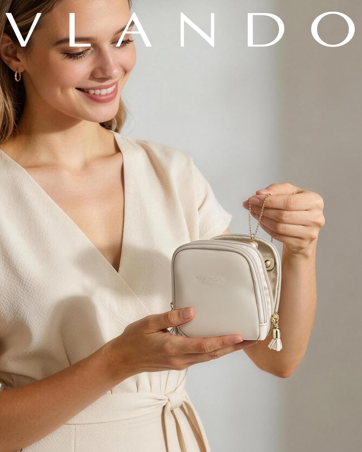 VLANDO Travel Jewelry Case,2-Layer Jewelry Organizer for Travel,Mothers Day Mom Gifts,Multi-Compartment Jewelry Storage for Rings Earrings Necklaces Bracelets-Cream White