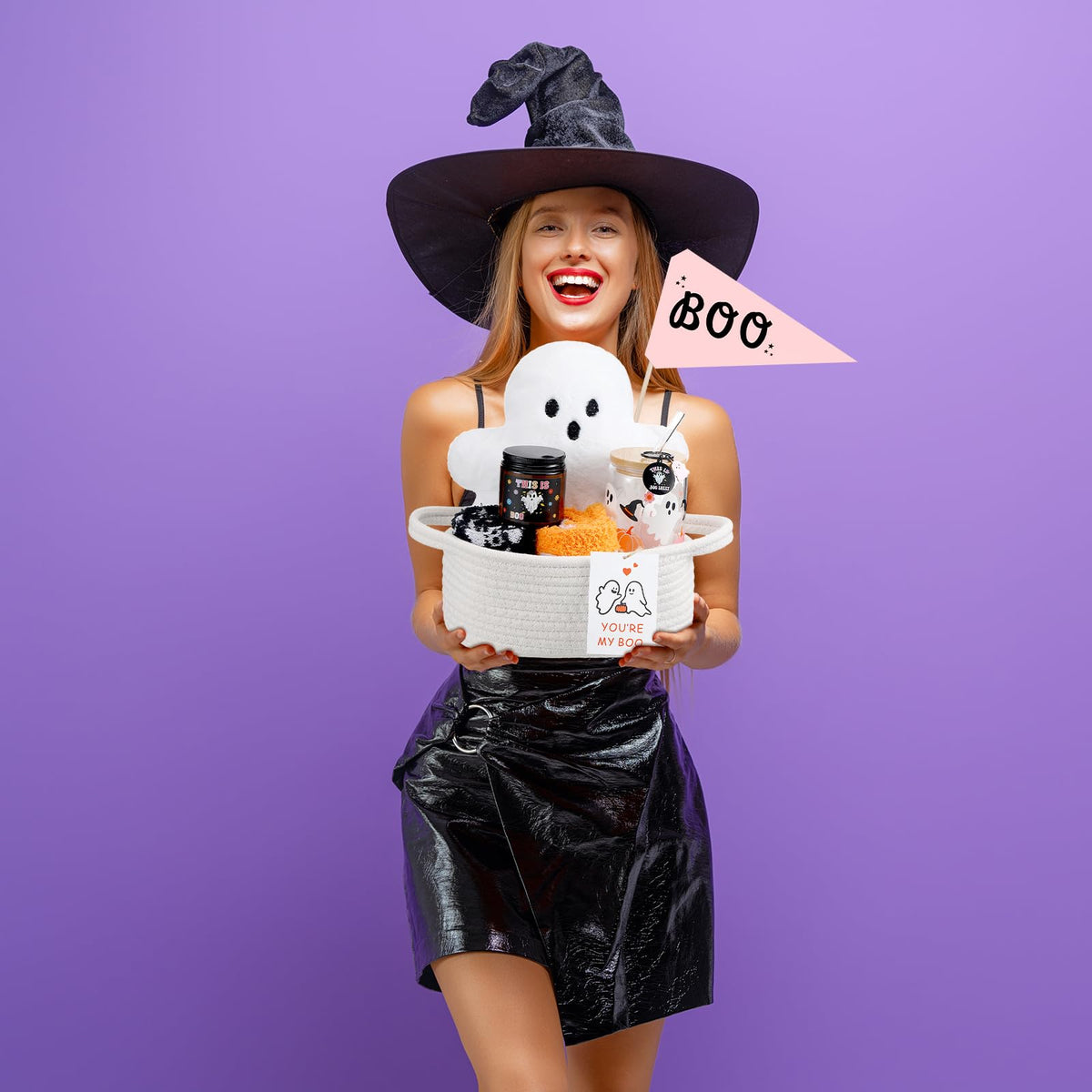LemonRoad 9 Pcs Boo Basket Stuffers for Women Halloween Boo Basket Items Gift Set with Ghost Plush Toy Spooky Glass Cup Scented Candle Socks for Her Women Adults Wife Girlfriend Friend(Fashion)