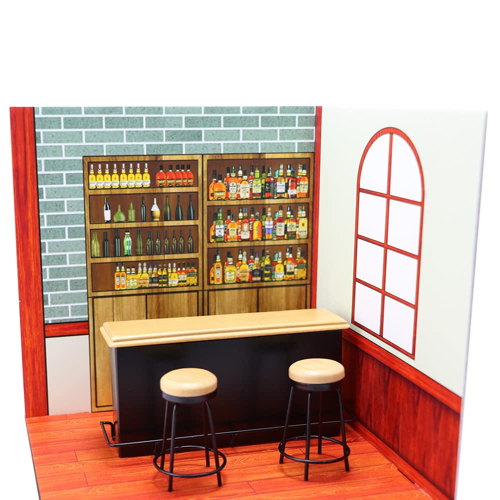 Dollhouse Furniture Metal Bar Table & Chair with Wood Top Pub Set 1:12 Scale Miniature Accessories Bar Counter Stool Mini Dining Coffee Table Model Layout Props Desktop Decor
