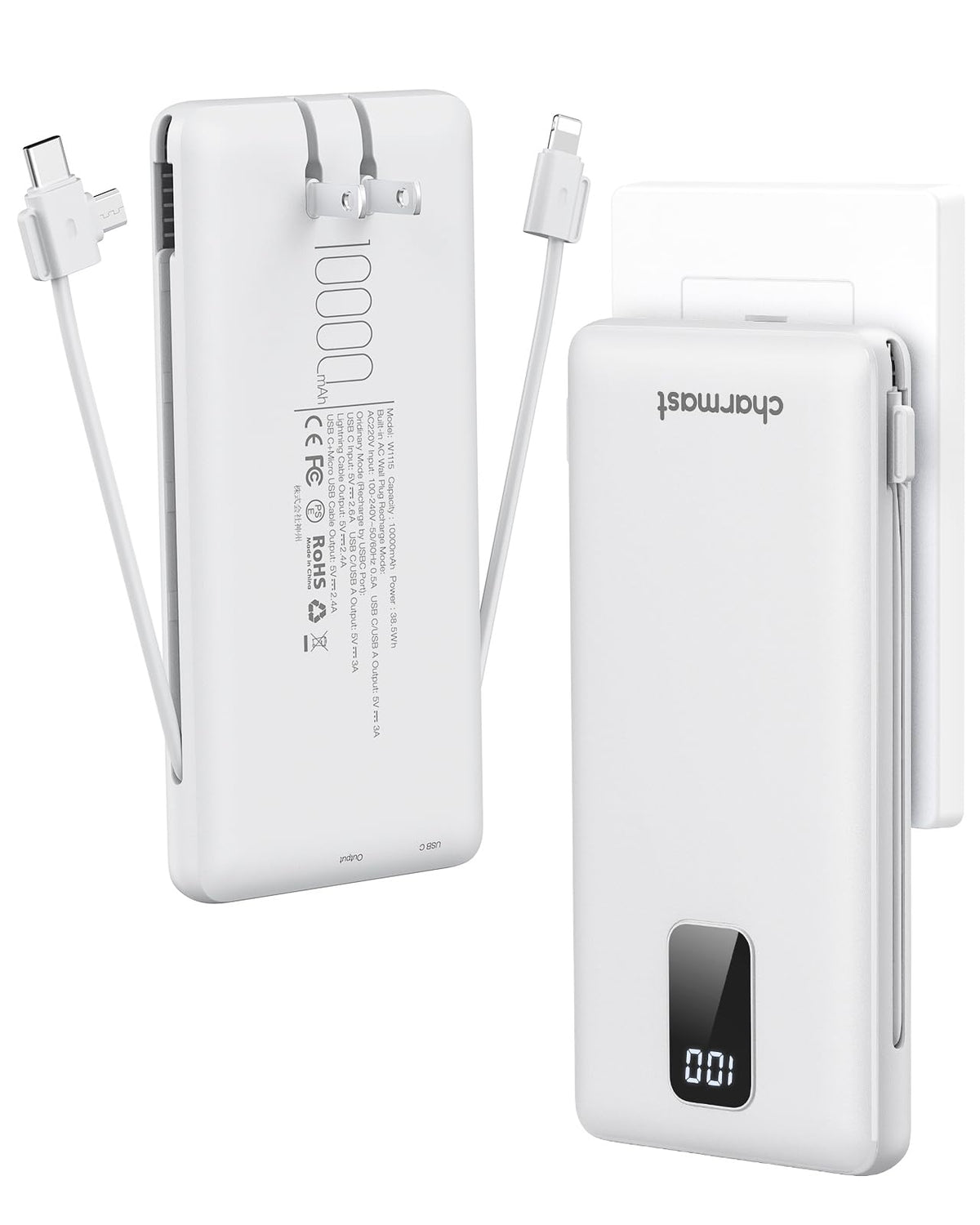 charmast Portable Charger with Built-in Cables and Plug, 10000mAh USB C Power Bank Fast Charging, External Battery Pack Slim, Travel Essentials Compatible with iPhones, Samsung Galaxy, iPad
