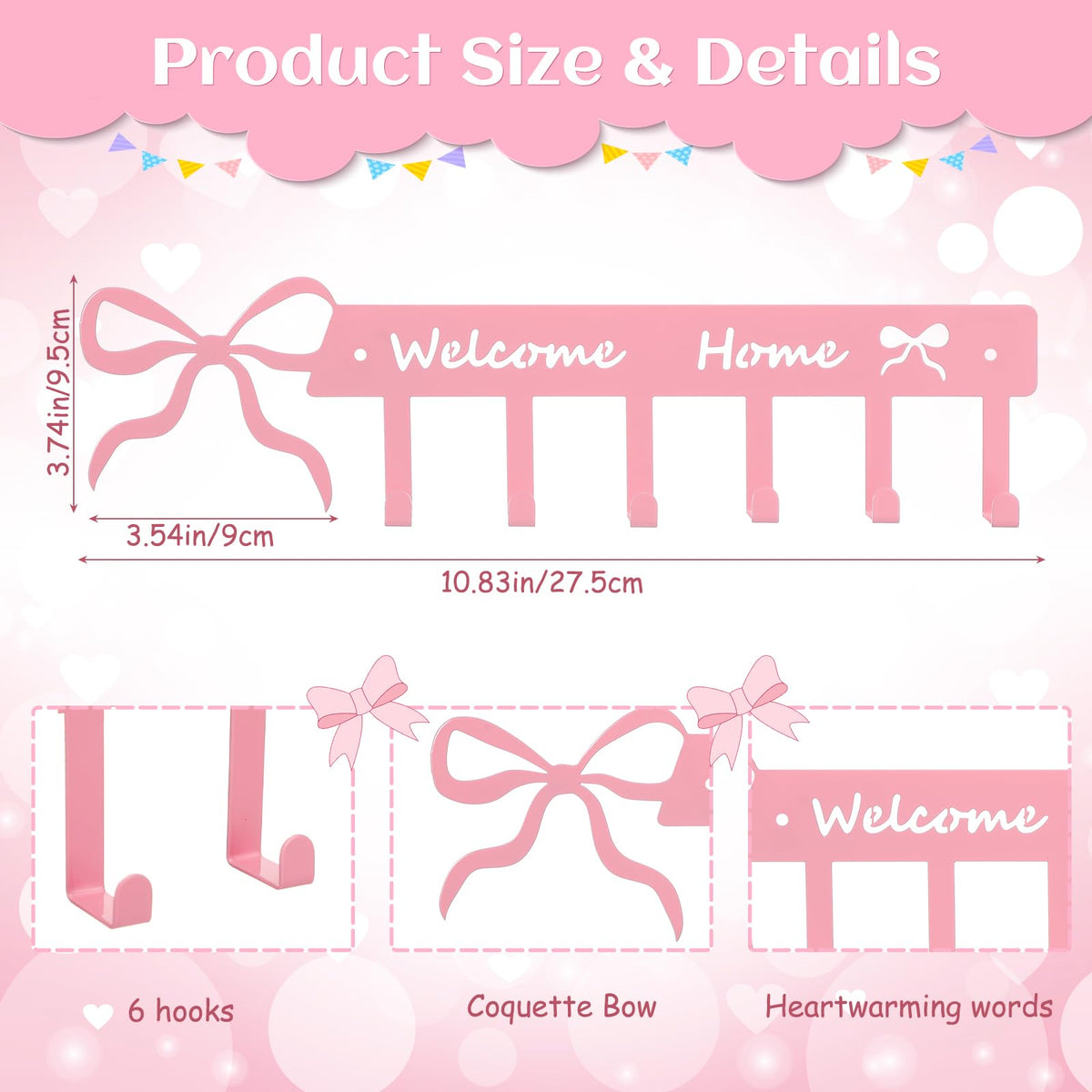 Novabright Pink Bow Welcome Home Key Hook for Wall Pink Bathroom Decor Cute Bow Towel Hooks Coquette Welcome Home Sign Key Holder Wall Mounted Racks 6 Coat Hanger for Bedroom Kitchen Entryway