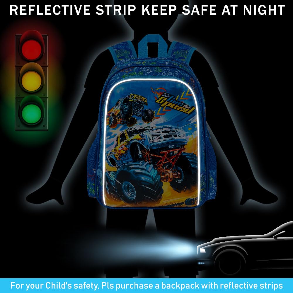 KLFVB 3PCS Boys Truck Backpack, Water Resistant Kids Bookbag with Lunch Box, 16" Preschool Backpacks for Elementary - Truck Blue