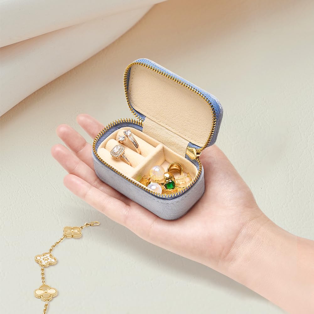 TAIMY Mini Jewelry Travel Case, Velvet Small Travel Jewelry Box, Portable Jewelry Travel Organizer Box for Rings Earrings Necklaces, Gifts for Women Girls(Blue)