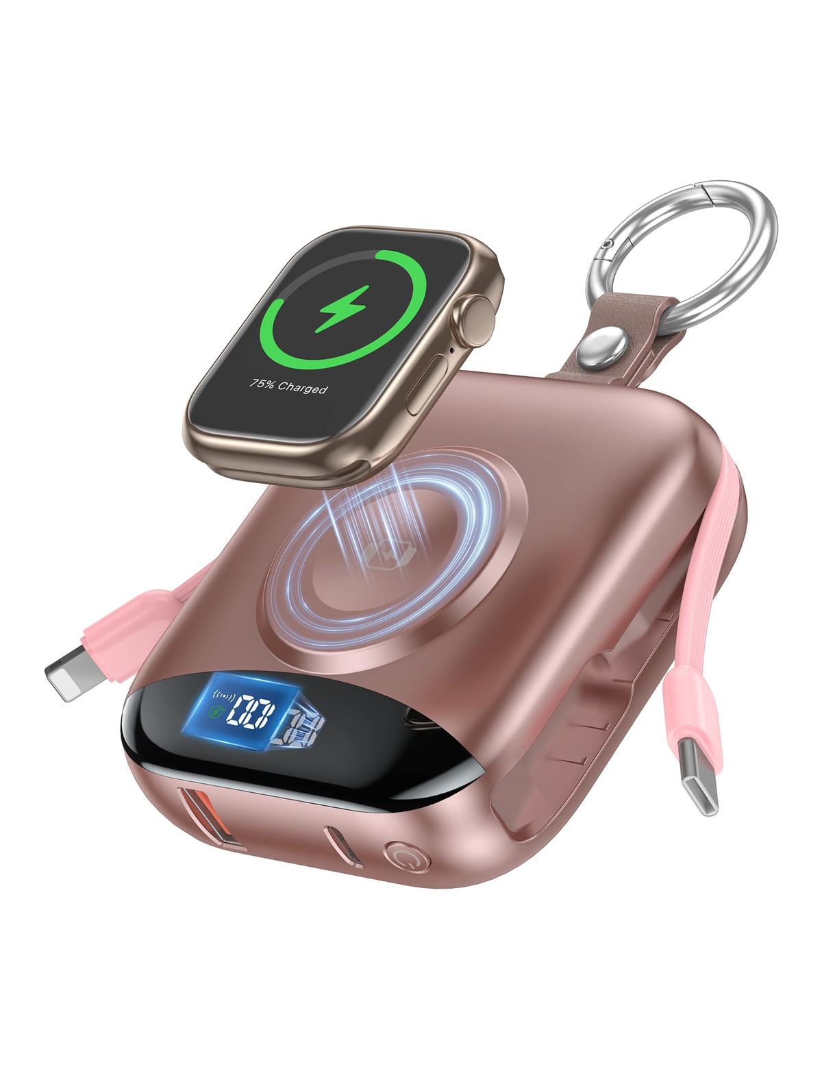 Portable Charger, 10000mAh 22.5W Fast Charging Power Bank with Built-in Cables, Travel Essentials Battery Pack with LED Display for iPhone, Portable iWatch Charger for 11/10/9/8/7/6/5/4/SE/Ultra Rose