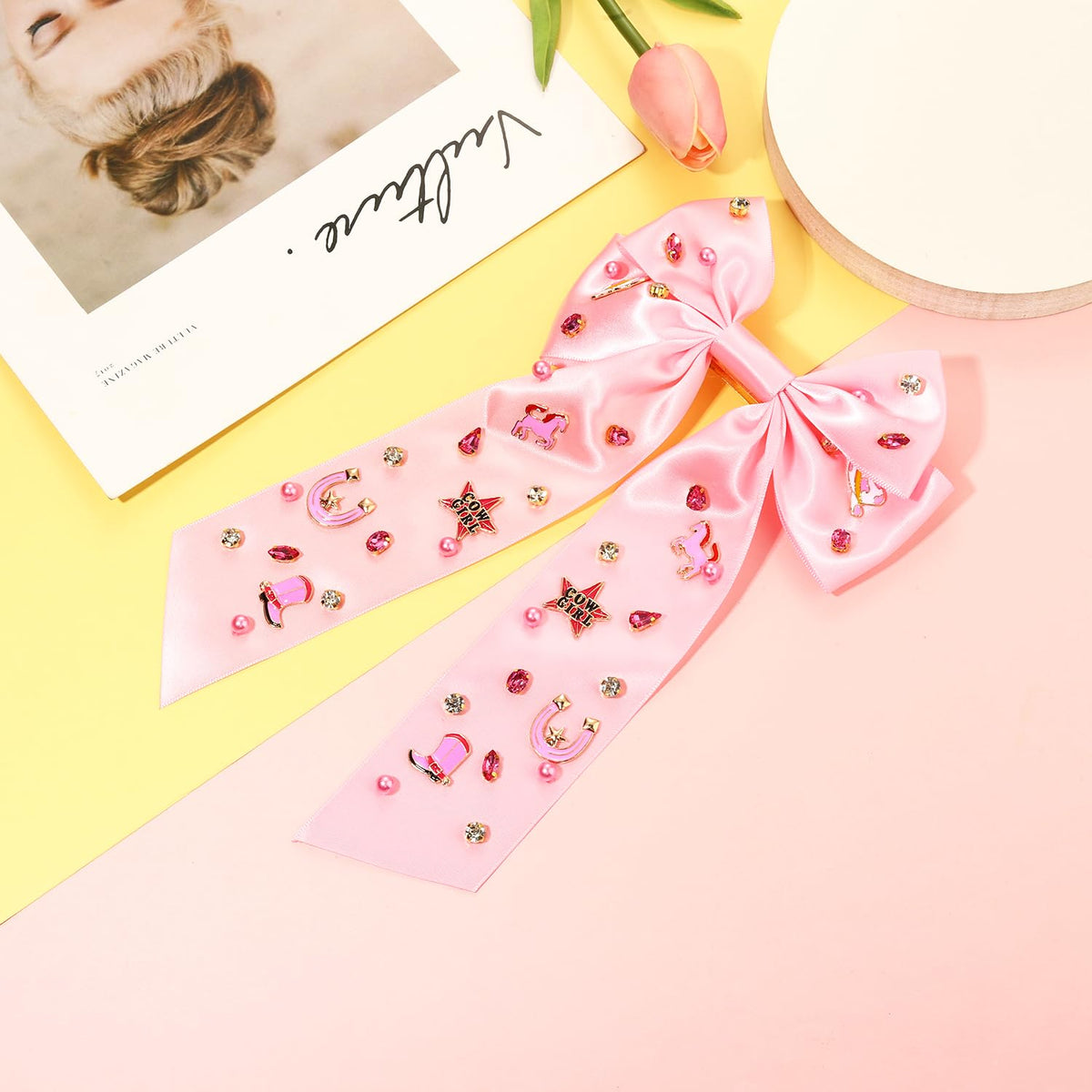 Skiennix Western Hair Bows - Jeweled Cowgirl Clips for Women | Big Pink Hair Accessories