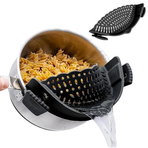 Clip On Strainer Silicone for All Pots and Pans, Pasta Strainer Clip on Food Strainer for Meat Vegetables Fruit Silicone Kitchen Colander (Black)