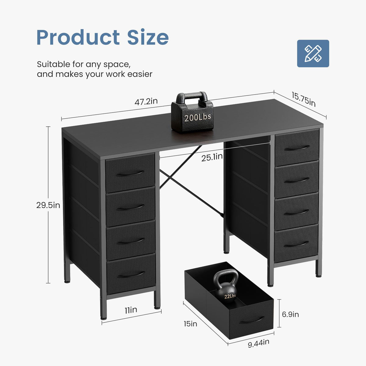 DUMOS 47 Inch Computer Desk with 8 Fabric Drawers, Office Gaming Desk with Storage, Writing Study Table with X-Shaped Reinforced Structure, Black
