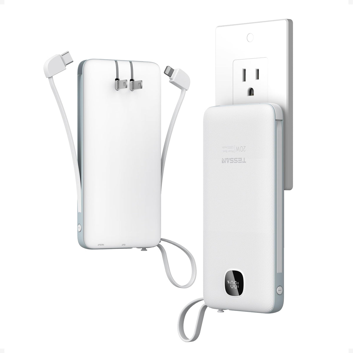 Portable Charger with Built in Cables,TESSAN 10000mAh Power Bank Fast Charging with Foldable Wall Plug Charger, PD20W Compact Battery Pack Travel Essentials for iPhone 17/16/15 Series,Samsung,Tablets